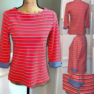 ⭐️ Nautica Red Striped 3/4 Sleeve Chambray Cuffs, (Size S, 100% Cotton)